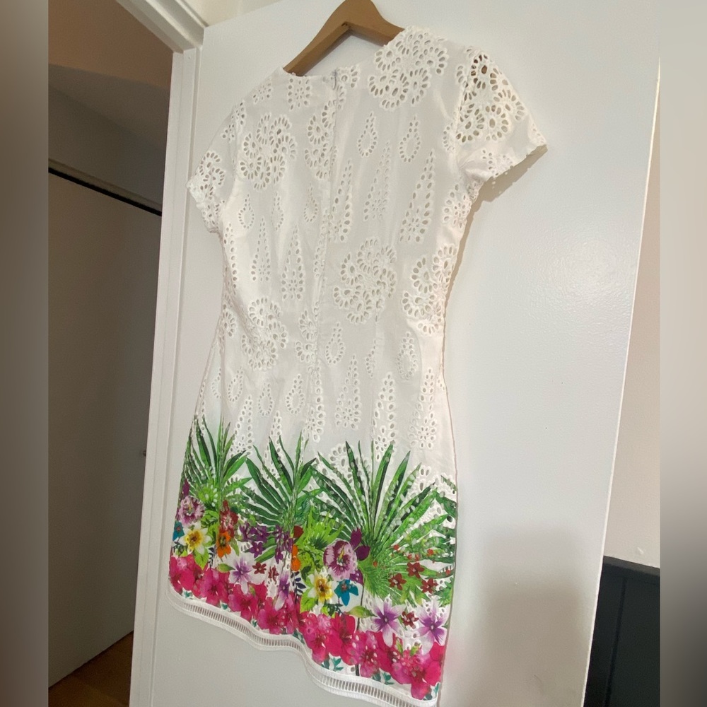 White desigual eyelet lace shift with floral hem